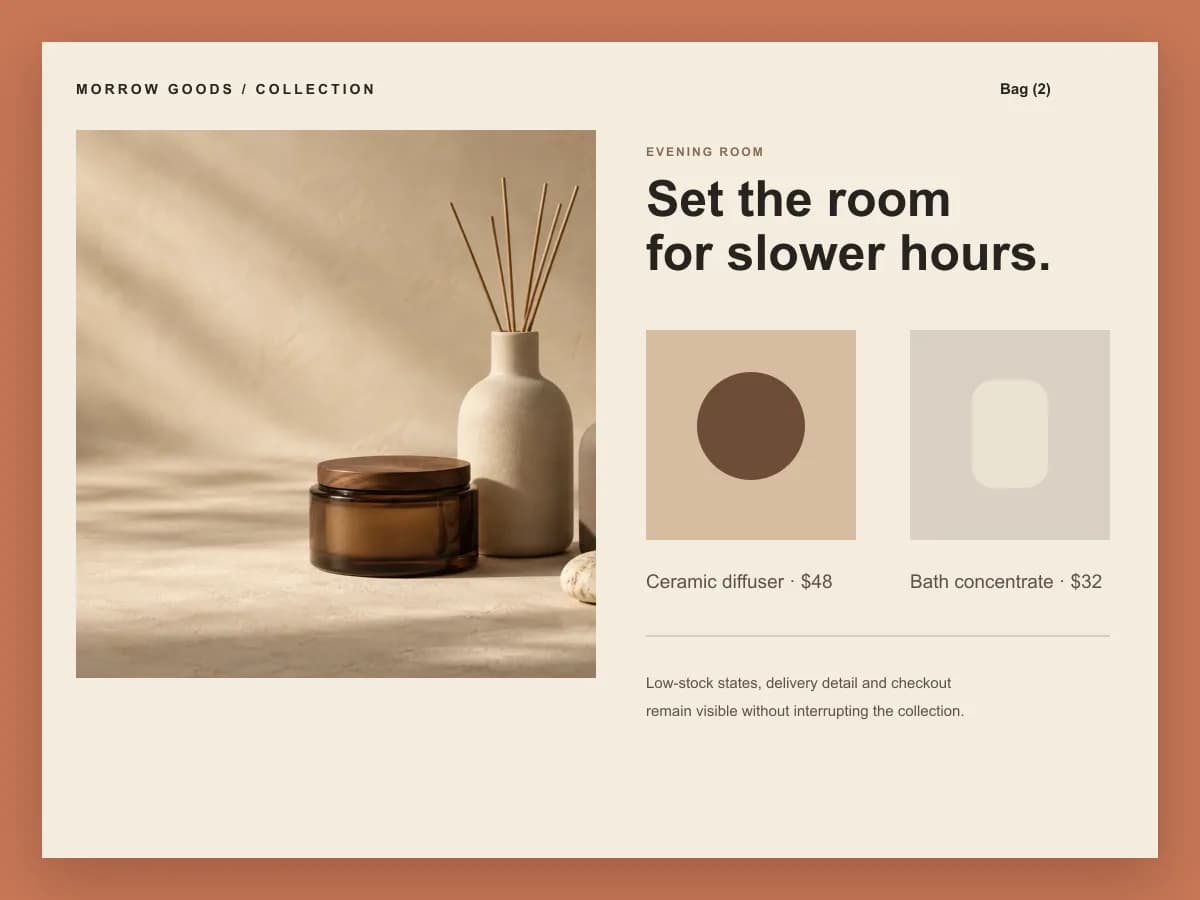 Detailseite der offiziellen Morrow Goods-Website, originale Funktionsreferenz