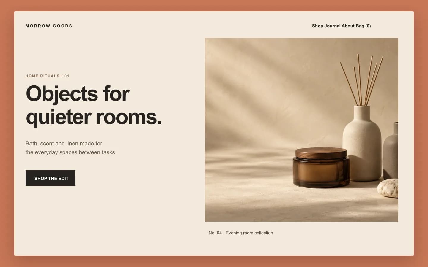 Desktopansicht der offiziellen Morrow Goods-Website, originale Referenz für Einzelhandel