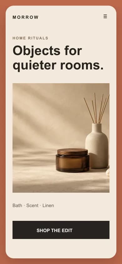 Mobile Ansicht der offiziellen Morrow Goods-Website, originale responsive Referenz