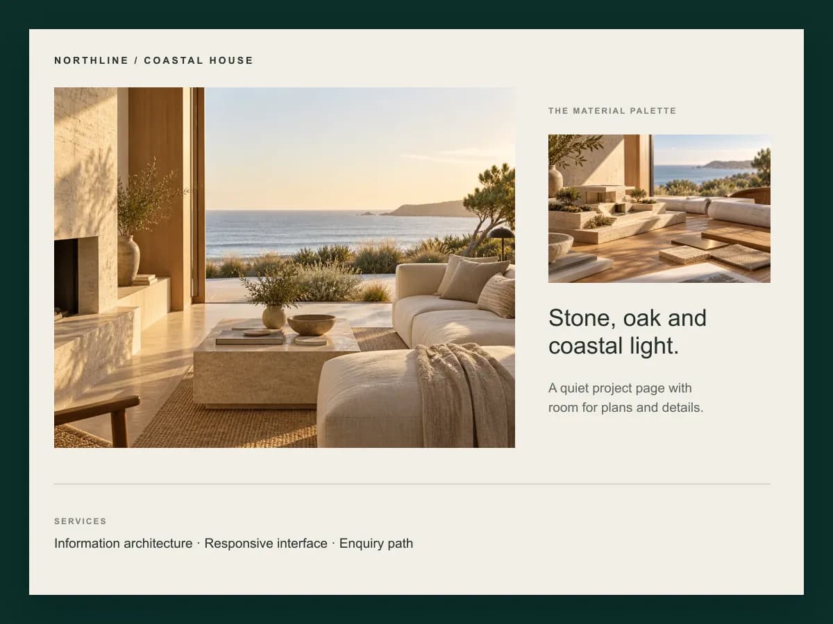 Detailseite der offiziellen Northline Architecture-Website, originale Funktionsreferenz